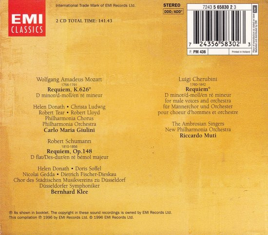Wolfgang Amadeus Mozart, Luigi Cherubini, Robert Schumann, Carlo Maria Giulini, Bernhard Klee, Riccardo Muti - Requiem (2xCD, Comp, RM) (Mint (M)) - Image 3