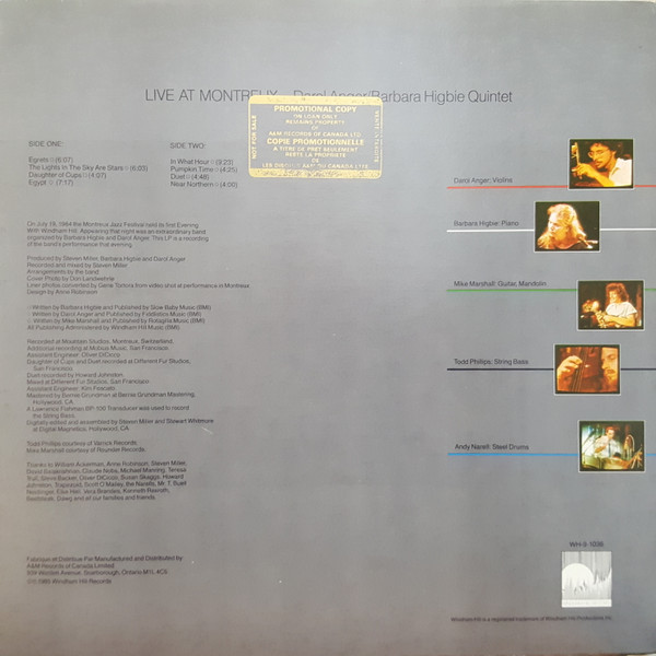Darol Anger / Barbara Higbie Quintet With Mike Marshall (2), Todd Phillips And Andy Narell - Live At Montreux (LP, Album) (Near Mint (NM or M-)) - Image 2