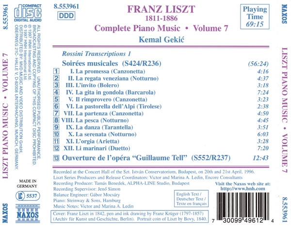 Franz Liszt, Kemal Gekić - Rossini Transcriptions: Soirées Musicales • Guillaume Tell Overture (CD, Album) (Near Mint (NM or M-)) - Image 2