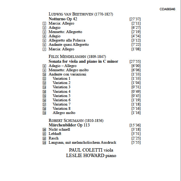 Ludwig van Beethoven, Felix Mendelssohn-Bartholdy, Robert Schumann, Paul Coletti, Leslie Howard - Music For Viola And Piano (CD, Album) (Near Mint (NM or M-)) - Image 3