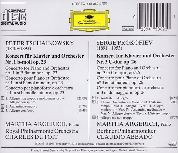 Pyotr Ilyich Tchaikovsky, Sergei Prokofiev, Martha Argerich - Piano Concerto No. 1 / Piano Concerto No. 3 (CD, Comp) (Near Mint (NM or M-)) - Image 2