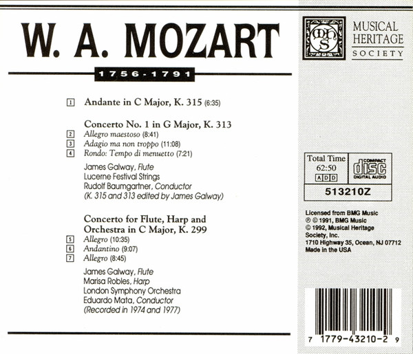James Galway Performs Wolfgang Amadeus Mozart - Concerto No. 1 / Andante, K. 315 / Concerto For Flute & Harp (CD, Comp) (Mint (M)) - Image 3