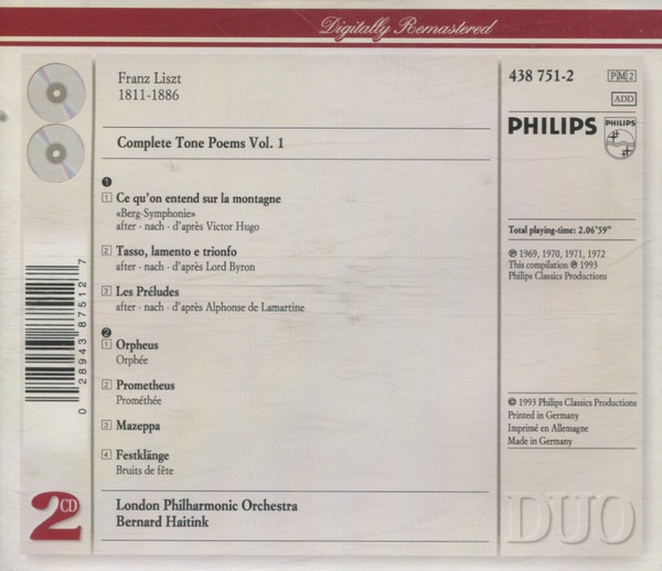 Franz Liszt, London Philharmonic Orchestra, Bernard Haitink - Complete Tone Poems Volume 1 Including Les Préludes • Orpheus • Mazeppa (2xCD, Comp, RM) (Mint (M)) - Image 2