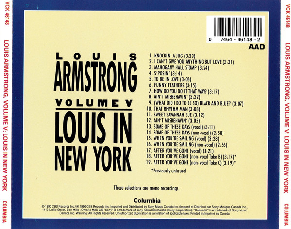 Louis Armstrong - Volume V - Louis In New York (CD, Comp, Mono, RE, RM) (Near Mint (NM or M-)) - Image 3