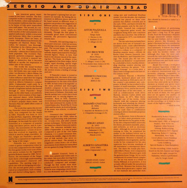 Sérgio & Odair Assad - Music For Two Guitars By Astor Piazzolla • Leo Brouwer • Hermeto Pascoal • Radamés Gnattali • Sergio Assad • Alberto Ginastera (LP, Album) (Near Mint (NM or M-)) - Image 2