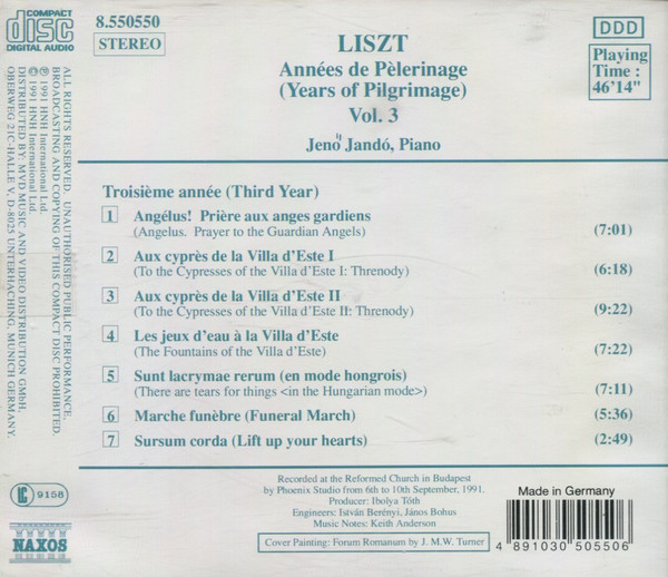 Franz Liszt, Jenö Jandó - Années De Pèlerinage - Years Of Pilgrimage Vol. 3 (Third Year) (CD, Album) (Mint (M)) - Image 2