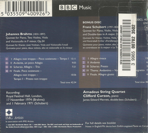Johannes Brahms, Franz Schubert, Amadeus-Quartett, Clifford Curzon, James Merrett - Piano Quintet / 'Trout' Quintet (2xCD, RE, RM) (Near Mint (NM or M-)) - Image 2