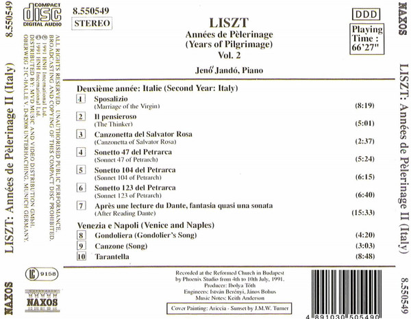 Franz Liszt, Jenö Jandó - Années de Pèlerinage - Vol. 2 (CD, Album) (Mint (M)) - Image 2