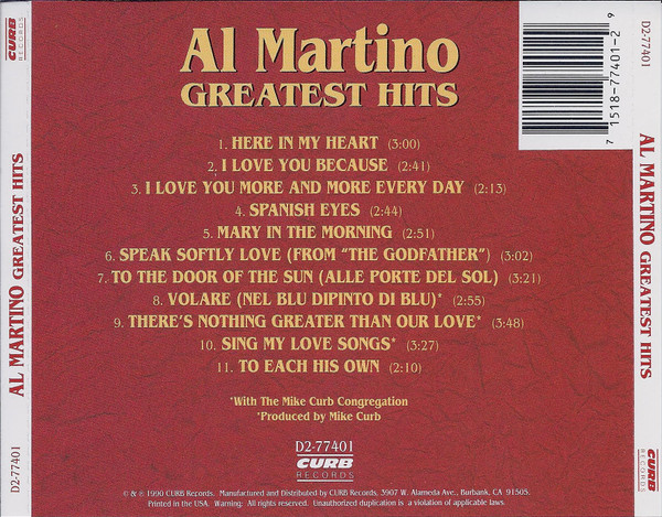 Al Martino - Greatest Hits (CD, Comp) (Near Mint (NM or M-)) - Image 2