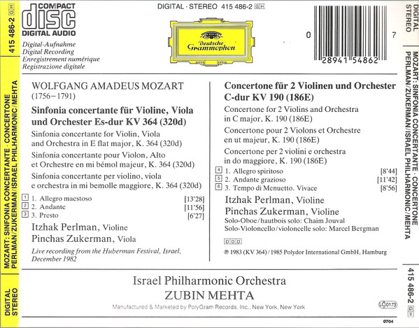 Wolfgang Amadeus Mozart, Itzhak Perlman, Pinchas Zukerman, Israel Philharmonic Orchestra, Zubin Mehta - Sinfonia Concertante K.364 • Concertone K.190 (CD) (Near Mint (NM or M-)) - Image 2