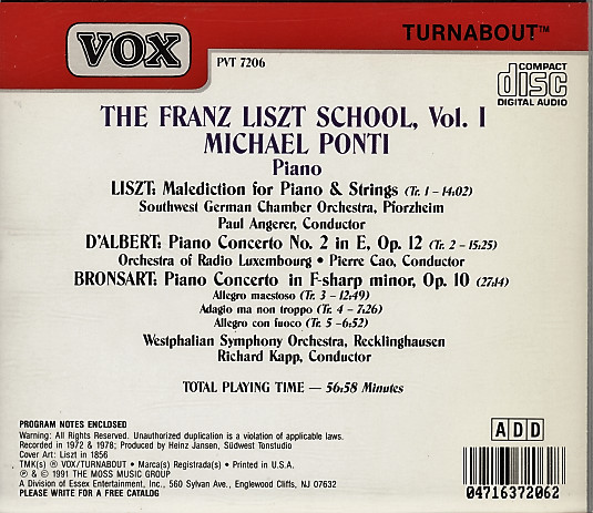 Franz Liszt, Eugen D'Albert, Hans Bronsart Von Schellendorf, Michael Ponti, Südwestdeutsches Kammerorchester, Orchestra Of Radio Luxembourg, Westfälisches Sinfonieorchester, Paul Angerer, Pierre Cao, Richard Kapp - The Franz Liszt School Volume I (CD, Album, RE) (Near Mint (NM or M-)) - Image 2