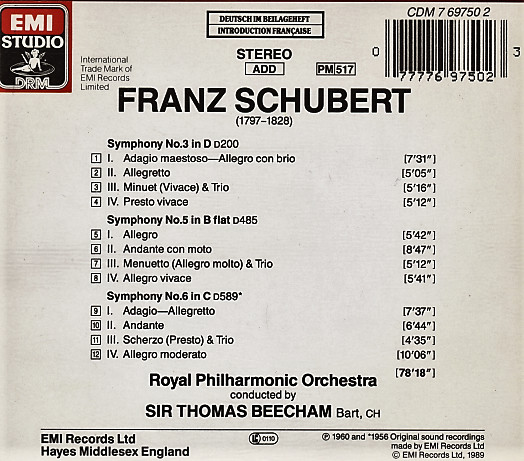 Franz Schubert – Sir Thomas Beecham, Royal Philharmonic Orchestra - Symphonies 3, 5 & 6 (CD, Comp, RE, RM) (Near Mint (NM or M-)) - Image 2