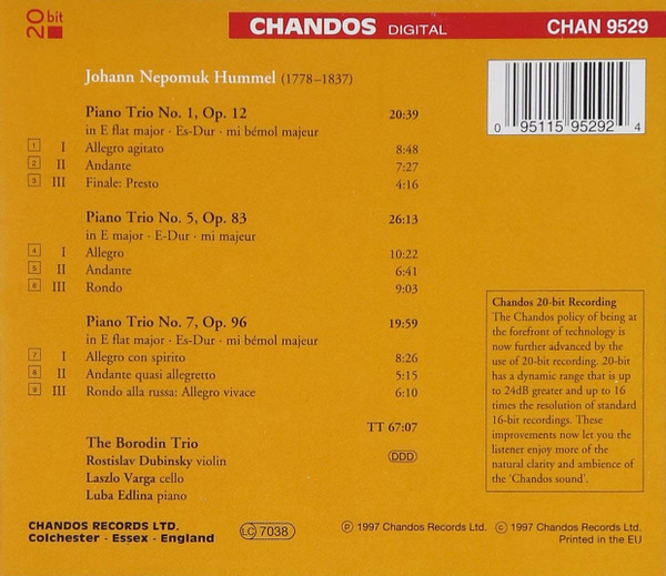 Johann Nepomuk Hummel / Borodin Trio - Piano Trios 1, 5 & 7 (CD, Album) (Near Mint (NM or M-)) - Image 2