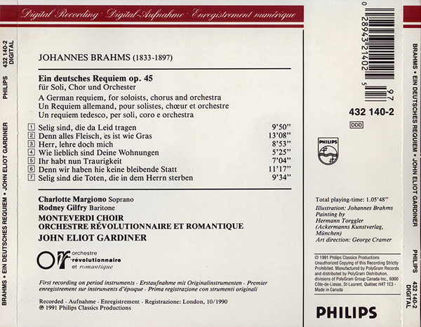 Charlotte Margiono, Rodney Gilfry, The Monteverdi Choir, Orchestre Révolutionnaire Et Romantique, John Eliot Gardiner / Johannes Brahms - Ein Deutsches Requiem (CD, Album, Cin) (Mint (M)) - Image 2