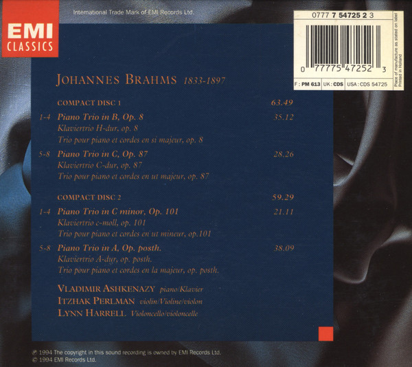 Johannes Brahms, Vladimir Ashkenazy, Itzhak Perlman, Lynn Harrell - Piano Trios (2xCD + Box) (Near Mint (NM or M-)) - Image 2