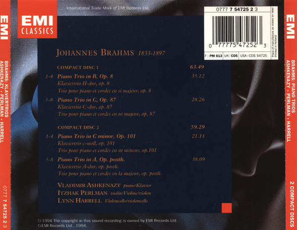 Johannes Brahms, Vladimir Ashkenazy, Itzhak Perlman, Lynn Harrell - Piano Trios (2xCD + Box) (Near Mint (NM or M-)) - Image 4