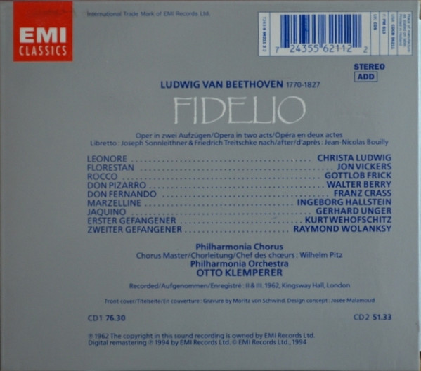 Ludwig van Beethoven, Otto Klemperer, Christa Ludwig, Jon Vickers, Gottlob Frick, Walter Berry, Philharmonia Chorus, Philharmonia Orchestra - Fidelio (2xCD, RM) (Mint (M)) - Image 2