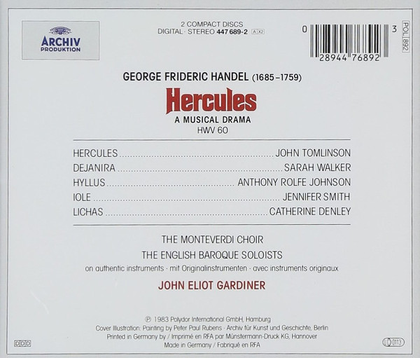Georg Friedrich Händel - John Tomlinson (2) • Anthony Rolfe Johnson • Sarah Walker (2) • Jennifer Smith (3) • Catherine Denley • The Monteverdi Choir • The English Baroque Soloists • John Eliot Gardiner - Hercules (2xCD, Album, RE) (Mint (M)) - Image 2