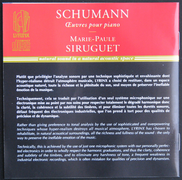 Robert Schumann - Marie-Paule Siruguet - Concert Sans Orchestre, Po. 14 / Waldszenen, Op. 82 / 3 Phantasiestücke (CD, Album) (Mint (M)) - Image 2