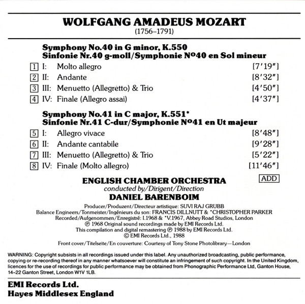 Wolfgang Amadeus Mozart - Daniel Barenboim - Symphonies - Sinfonien 40 & 41 "Jupiter" (CD, Comp, RE, RM) (Near Mint (NM or M-)) - Image 2