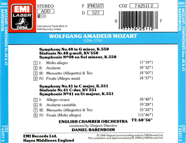 Wolfgang Amadeus Mozart - Daniel Barenboim - Symphonies - Sinfonien 40 & 41 "Jupiter" (CD, Comp, RE, RM) (Near Mint (NM or M-)) - Image 3
