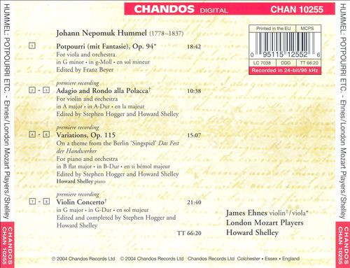 Johann Nepomuk Hummel - James Ehnes, London Mozart Players, Howard Shelley - Adagio And Rondo Alla Polacca; Violin Concerto In G; Piano Variations Op. 115; Potpourri Op. 94 (CD, Album) (Near Mint (NM or M-)) - Image 2