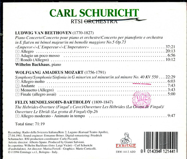 Wolfgang Amadeus Mozart, Felix Mendelssohn-Bartholdy, Ludwig van Beethoven, Carl Schuricht, Wilhelm Backhaus, Orchestra Della Radio Televisione Della Svizzera Italiana - Symphony No.40 KV 550 / The Hebrides-Overture / Piano Concerto No.5 Op.73 "Emperor" (CD, RM) (Near Mint (NM or M-)) - Image 2