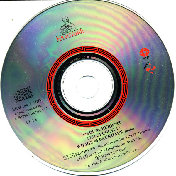 Wolfgang Amadeus Mozart, Felix Mendelssohn-Bartholdy, Ludwig van Beethoven, Carl Schuricht, Wilhelm Backhaus, Orchestra Della Radio Televisione Della Svizzera Italiana - Symphony No.40 KV 550 / The Hebrides-Overture / Piano Concerto No.5 Op.73 "Emperor" (CD, RM) (Near Mint (NM or M-)) - Image 3