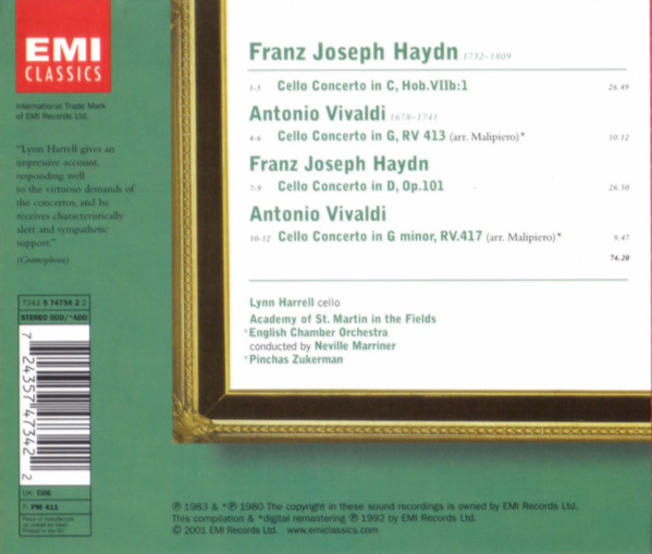 Joseph Haydn, Antonio Vivaldi - Lynn Harrell, The Academy Of St. Martin-in-the-Fields, Sir Neville Marriner, English Chamber Orchestra, Pinchas Zukerman - Cello Concertos (CD, Comp, RM) (Mint (M)) - Image 4