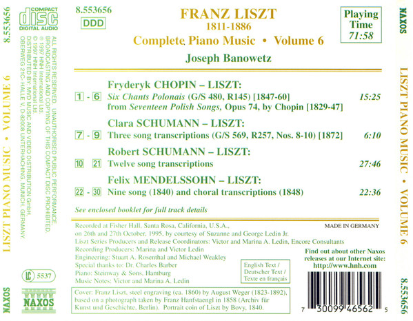 Franz Liszt, Joseph Banowetz - Complete Song Transcriptions Of Chopin, Mendelssohn, Robert And Clara Schumann (CD, Album) (Mint (M)) - Image 2