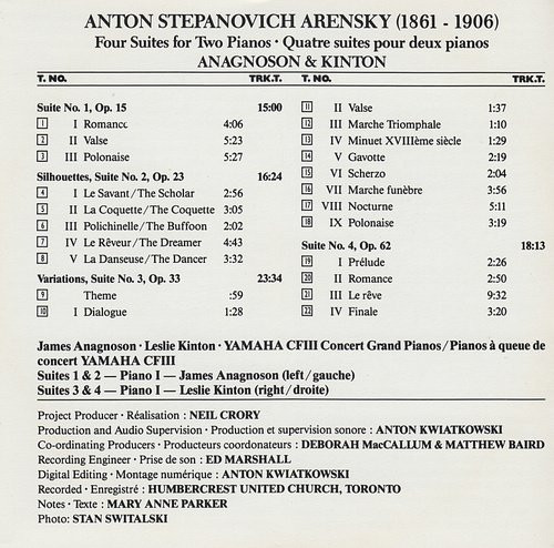 Anton Stepanovich Arensky - Anagnoson & Kinton - Four Suites For Two Pianos (CD, Album) (Near Mint (NM or M-)) - Image 2