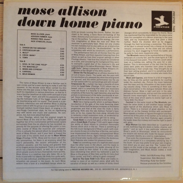 Mose Allison - Down Home Piano (LP, Comp, RE, Ind) (Near Mint (NM or M-)) - Image 2