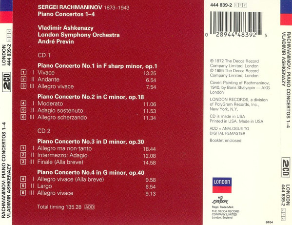 Rachmaninov* - Vladimir Ashkenazy, London Symphony Orchestra, André Previn - Piano Concertos 1-4 (2xCD, Comp, RE, RM) (Near Mint (NM or M-)) - Image 2