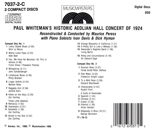 Paul Whiteman, Maurice Peress With Piano Soloists Ivan Davis (2) & Dick Hyman - The Birth Of Rhapsody In Blue (Paul Whiteman's Historic Aeolian Hall Concert Of 1924) (2xCD, Album) (Near Mint (NM or M-)) - Image 2