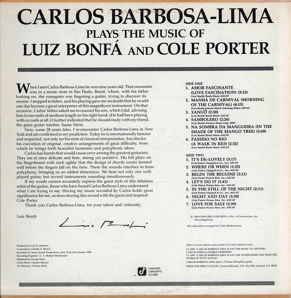 Carlos Barbosa-Lima - Plays The Music Of Luiz Bonfá And Cole Porter (LP, Album) (Near Mint (NM or M-)) - Image 2