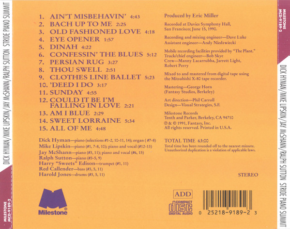 Various, Dick Hyman, Ralph Sutton (2), Jay McShann, Mike Lipskin, Harry Edison - Stride Piano Summit (CD, Album) (Near Mint (NM or M-)) - Image 2