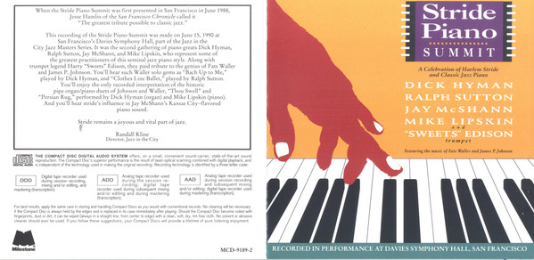 Various, Dick Hyman, Ralph Sutton (2), Jay McShann, Mike Lipskin, Harry Edison - Stride Piano Summit (CD, Album) (Near Mint (NM or M-)) - Image 3