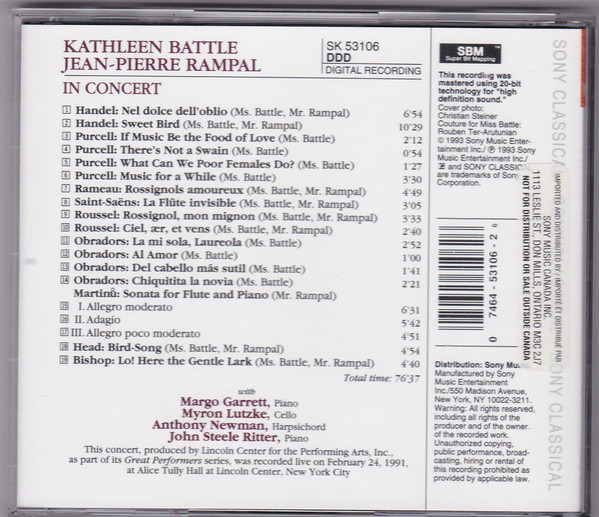 Kathleen Battle, Jean-Pierre Rampal - In Concert (CD, Album) (Near Mint (NM or M-)) - Image 2