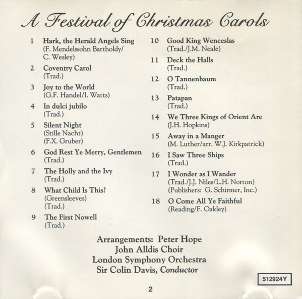 John Alldis Choir, London Symphony Orchestra Conductor Sir Colin Davis - A Festival Of Christmas Carols (CD, Album, RE) (Near Mint (NM or M-)) - Image 2
