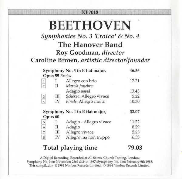 Ludwig van Beethoven, Hanover Band - Symphonies No. 3 'Eroica' & No. 4 (CD, Comp, Amb) (Mint (M)) - Image 2