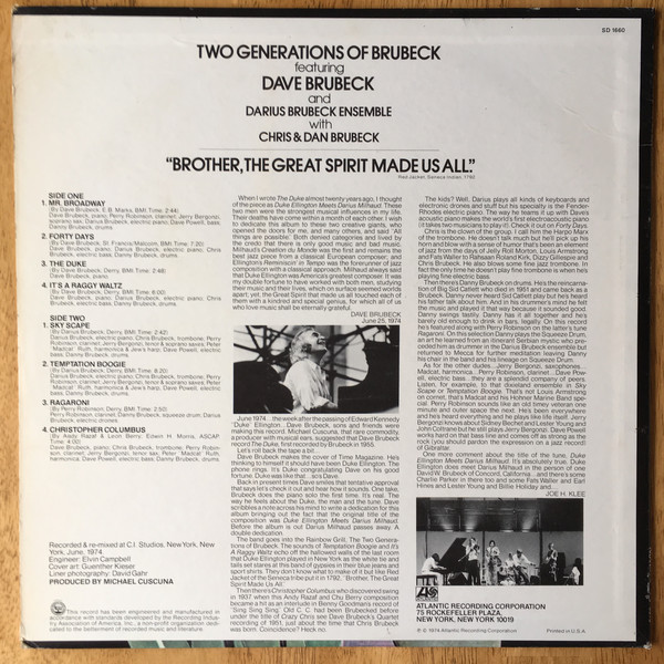 Dave Brubeck - Two Generations Of Brubeck " Brother, The Great Spirit Made Us All". (LP, PR) (Very Good Plus (VG+)) - Image 2