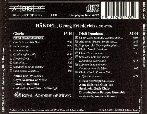 Georg Friedrich Händel - Emma Kirkby, Royal Academy of Music Baroque Orchestra, Laurence Cummings, Hillevi Martinpelto, Anne Sofie Von Otter, Anders Öhrwall, Stockholm Bach Choir, Drottningholms Barockensemble - Gloria / Dixit Dominus (CD, Album) (Mint (M)) - Image 2