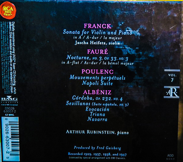 César Franck, Gabriel Fauré, Francis Poulenc, Isaac Albéniz, Arthur Rubinstein, Jascha Heifetz - Arthur Rubinstein (CD, Comp, Mono, RM, Dig) (Near Mint (NM or M-)) - Image 2