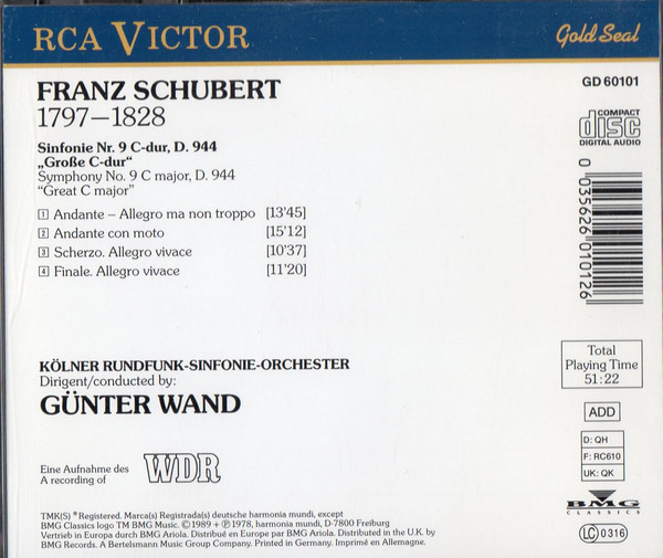 Franz Schubert, Günter Wand, Kölner Rundfunk-Sinfonie-Orchester - Symphony No. 9 (Grosse C-Dur / Great C Major) (CD) (Mint (M)) - Image 2