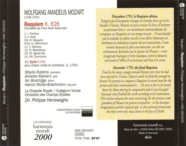 Wolfgang Amadeus Mozart - Philippe Herreweghe - Requiem (CD, RE, O-C) (Near Mint (NM or M-)) - Image 2