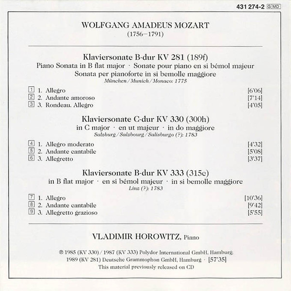 W. A. Mozart*, Vladimir Horowitz - Klaviersonaten KV 281 · KV 330 · KV 333 (Piano Sonatas · Sonates Pour Piano) (CD, Comp) (Near Mint (NM or M-)) - Image 2