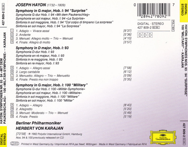 Joseph Haydn / Berliner Philharmoniker, Herbert von Karajan - Symphonien Nos. 93 94 »Mit Dem Paukenschlag ·Surprise « - 100 » Militär-Symphonie · Military « (CD, Comp) (Near Mint (NM or M-)) - Image 2