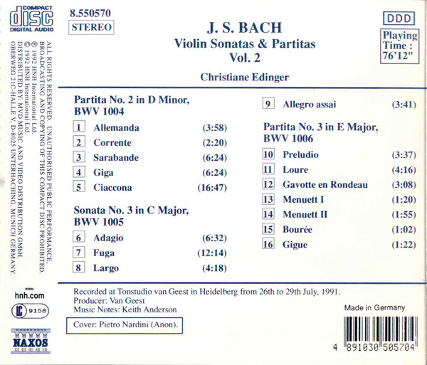 Johann Sebastian Bach, Christiane Edinger - Violin Sonatas And Partitas For Solo Violin, Vol. 2 (CD, Album) (Near Mint (NM or M-)) - Image 2