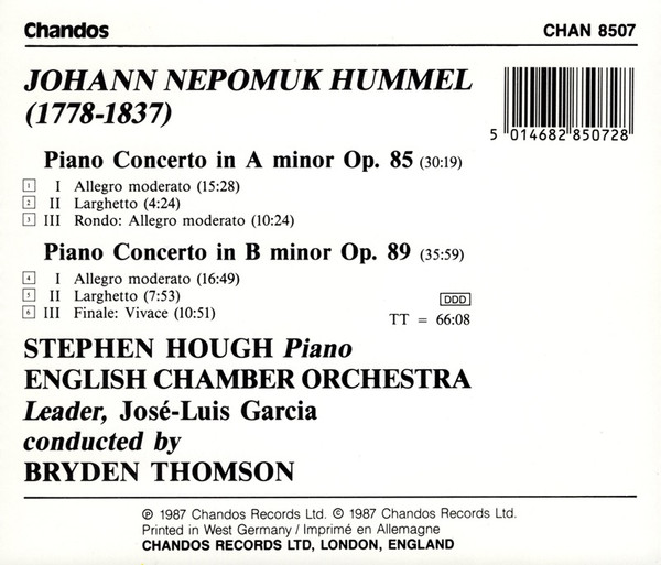 Hummel*, Stephen Hough, English Chamber Orchestra, Bryden Thomson - Piano Concerto In B Minor Op. 89 / Piano Concerto In A Minor Op. 85 (CD, PDO) (Near Mint (NM or M-)) - Image 2