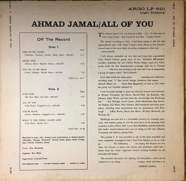 Ahmad Jamal - All Of You (LP, Mono) (Good Plus (G+)) - Image 2
